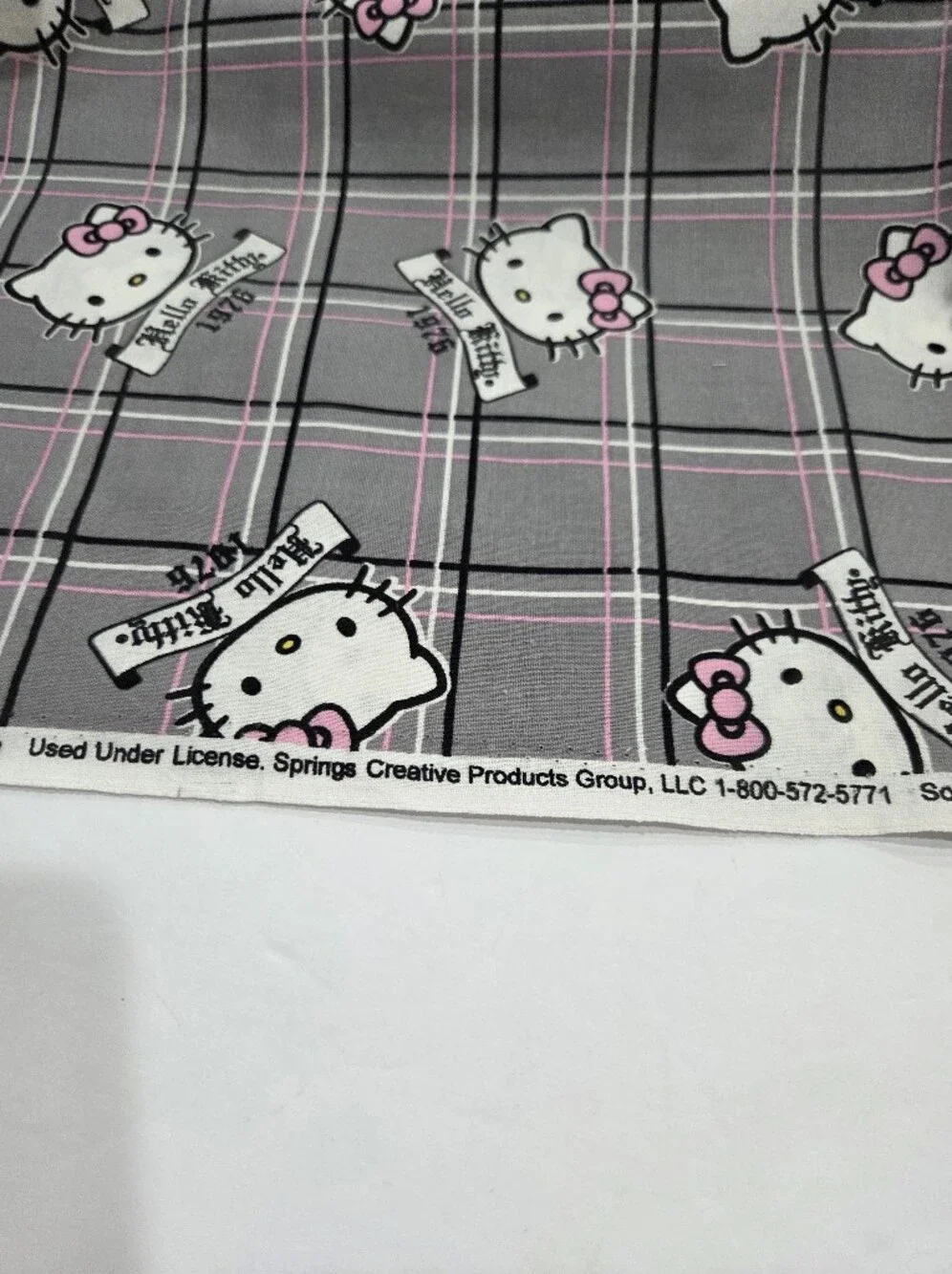 Sanrio Hello Kitty Plaid Print Cotton Fabric - Gray & Pink 46×42in.